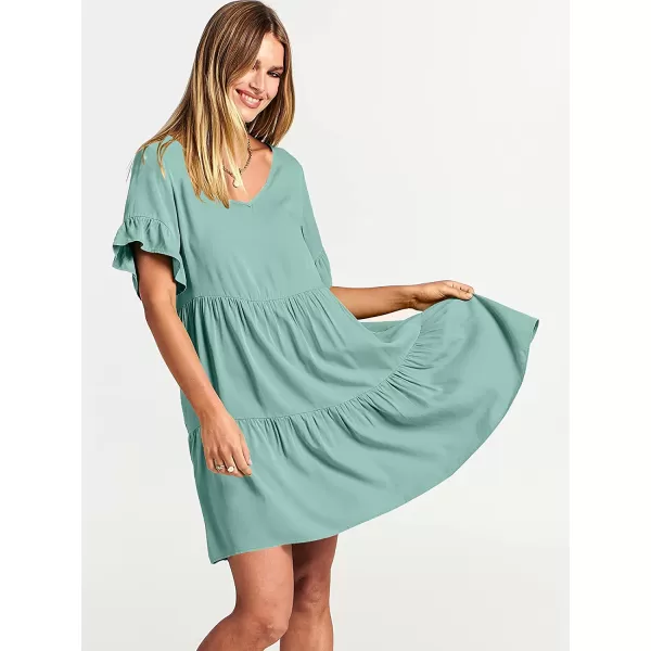 imageANRABESS Womens Summer Casual V Neck Babydoll Dress Ruffle Short Sleeve Tiered ALine Flowy Mini Beach DressLight Green