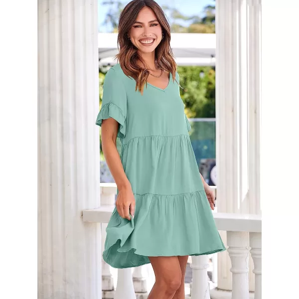 imageANRABESS Womens Summer Casual V Neck Babydoll Dress Ruffle Short Sleeve Tiered ALine Flowy Mini Beach DressLight Green