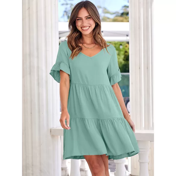 imageANRABESS Womens Summer Casual V Neck Babydoll Dress Ruffle Short Sleeve Tiered ALine Flowy Mini Beach DressLight Green