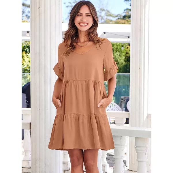 imageANRABESS Womens Summer Casual V Neck Babydoll Dress Ruffle Short Sleeve Tiered ALine Flowy Mini Beach DressLight Rust