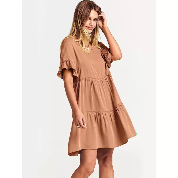 imageANRABESS Womens Summer Casual V Neck Babydoll Dress Ruffle Short Sleeve Tiered ALine Flowy Mini Beach DressLight Rust