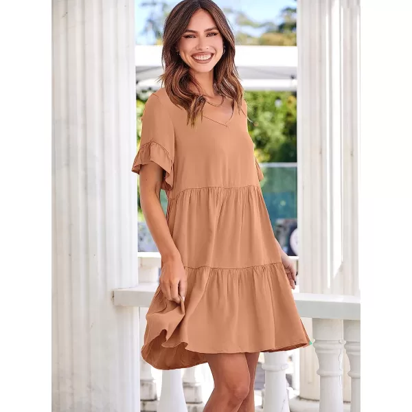 imageANRABESS Womens Summer Casual V Neck Babydoll Dress Ruffle Short Sleeve Tiered ALine Flowy Mini Beach DressLight Rust