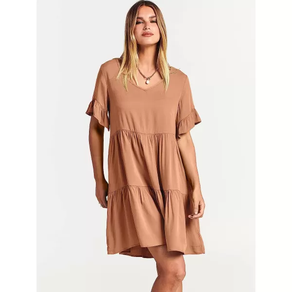 imageANRABESS Womens Summer Casual V Neck Babydoll Dress Ruffle Short Sleeve Tiered ALine Flowy Mini Beach DressLight Rust