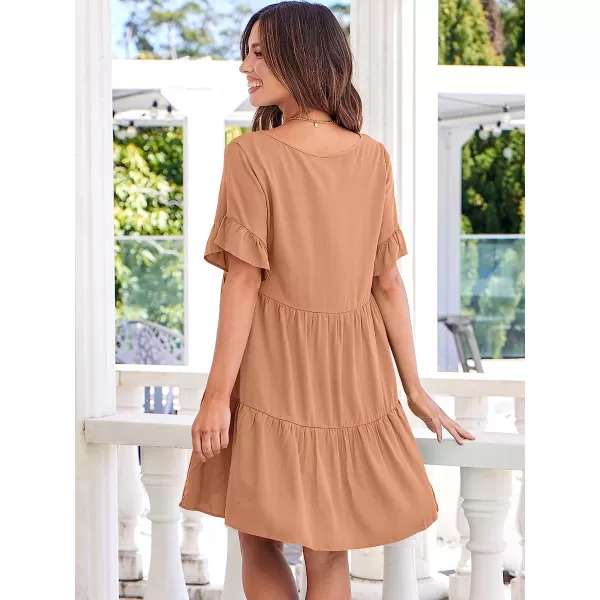 imageANRABESS Womens Summer Casual V Neck Babydoll Dress Ruffle Short Sleeve Tiered ALine Flowy Mini Beach DressLight Rust