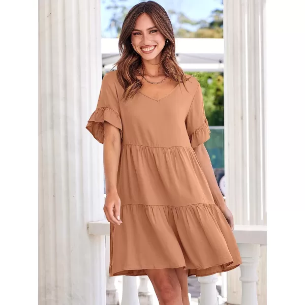 imageANRABESS Womens Summer Casual V Neck Babydoll Dress Ruffle Short Sleeve Tiered ALine Flowy Mini Beach DressLight Rust