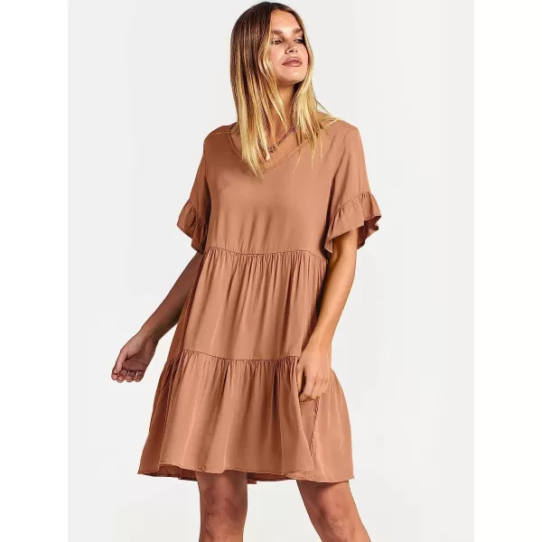 imageANRABESS Womens Summer Casual V Neck Babydoll Dress Ruffle Short Sleeve Tiered ALine Flowy Mini Beach DressLight Rust