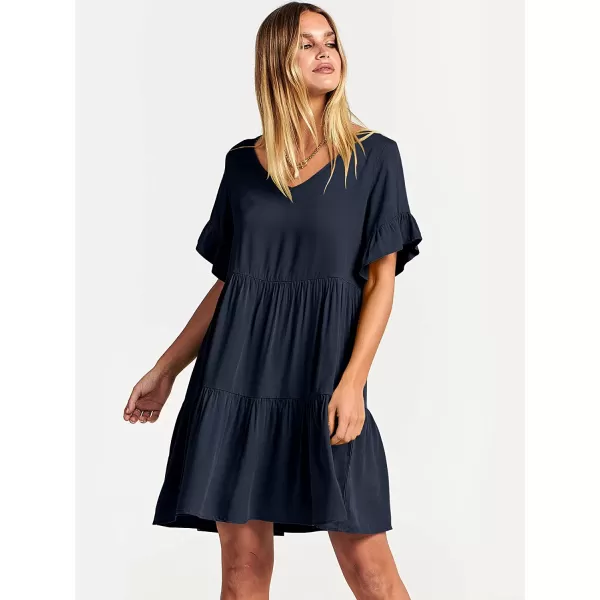 imageANRABESS Womens Summer Casual V Neck Babydoll Dress Ruffle Short Sleeve Tiered ALine Flowy Mini Beach DressNavy Blue