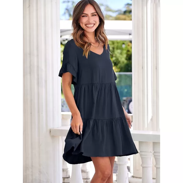 imageANRABESS Womens Summer Casual V Neck Babydoll Dress Ruffle Short Sleeve Tiered ALine Flowy Mini Beach DressNavy Blue