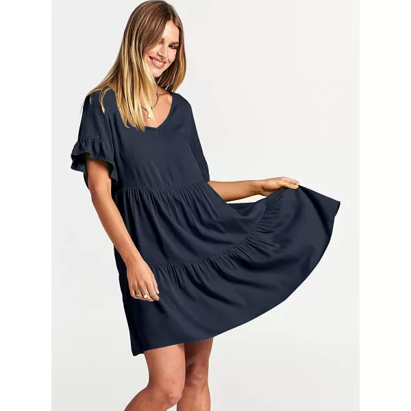 imageANRABESS Womens Summer Casual V Neck Babydoll Dress Ruffle Short Sleeve Tiered ALine Flowy Mini Beach DressNavy Blue