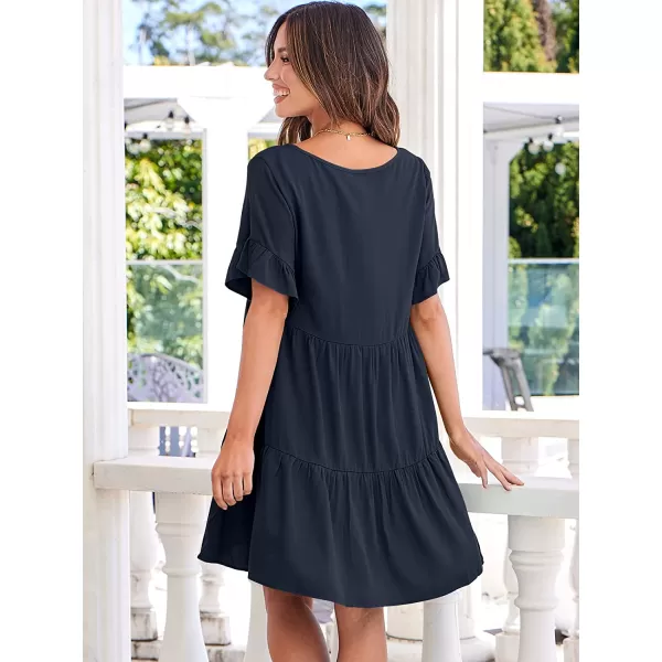 imageANRABESS Womens Summer Casual V Neck Babydoll Dress Ruffle Short Sleeve Tiered ALine Flowy Mini Beach DressNavy Blue