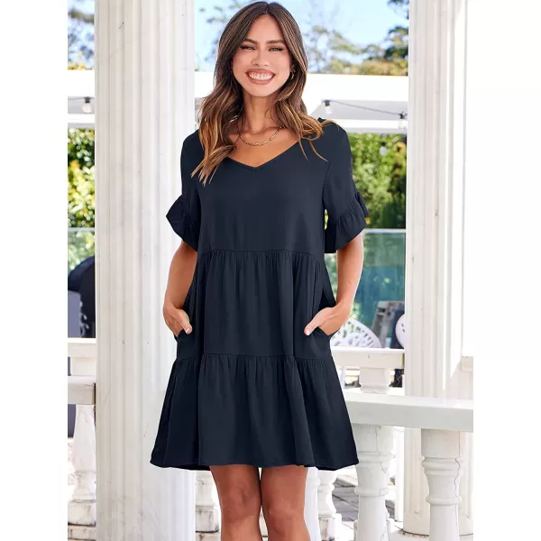 imageANRABESS Womens Summer Casual V Neck Babydoll Dress Ruffle Short Sleeve Tiered ALine Flowy Mini Beach DressNavy Blue