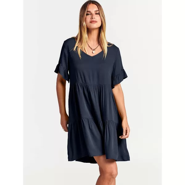 imageANRABESS Womens Summer Casual V Neck Babydoll Dress Ruffle Short Sleeve Tiered ALine Flowy Mini Beach DressNavy Blue