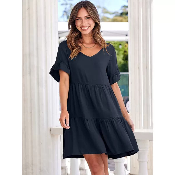 imageANRABESS Womens Summer Casual V Neck Babydoll Dress Ruffle Short Sleeve Tiered ALine Flowy Mini Beach DressNavy Blue