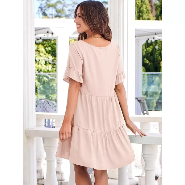 imageANRABESS Womens Summer Casual V Neck Babydoll Dress Ruffle Short Sleeve Tiered ALine Flowy Mini Beach DressPink
