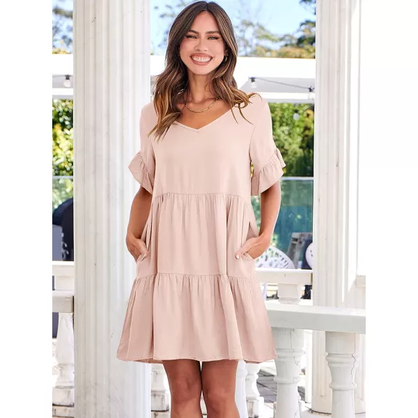 imageANRABESS Womens Summer Casual V Neck Babydoll Dress Ruffle Short Sleeve Tiered ALine Flowy Mini Beach DressPink