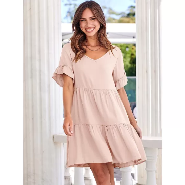 imageANRABESS Womens Summer Casual V Neck Babydoll Dress Ruffle Short Sleeve Tiered ALine Flowy Mini Beach DressPink