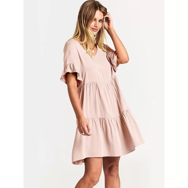 imageANRABESS Womens Summer Casual V Neck Babydoll Dress Ruffle Short Sleeve Tiered ALine Flowy Mini Beach DressPink