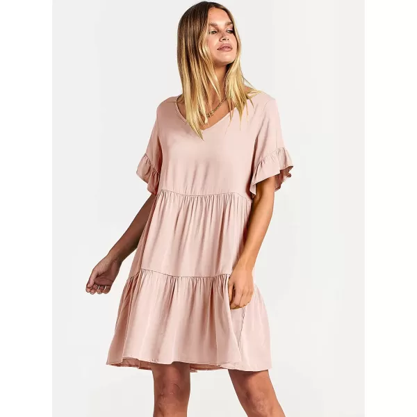 imageANRABESS Womens Summer Casual V Neck Babydoll Dress Ruffle Short Sleeve Tiered ALine Flowy Mini Beach DressPink