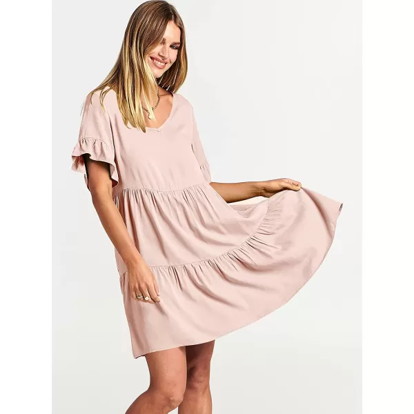 imageANRABESS Womens Summer Casual V Neck Babydoll Dress Ruffle Short Sleeve Tiered ALine Flowy Mini Beach DressPink