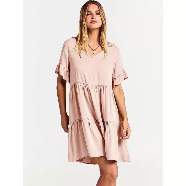 imageANRABESS Womens Summer Casual V Neck Babydoll Dress Ruffle Short Sleeve Tiered ALine Flowy Mini Beach DressPink