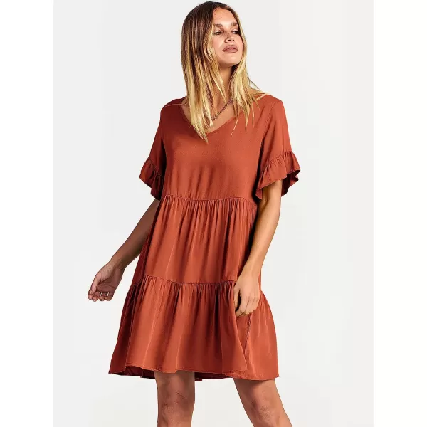imageANRABESS Womens Summer Casual V Neck Babydoll Dress Ruffle Short Sleeve Tiered ALine Flowy Mini Beach DressRust
