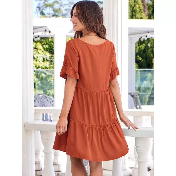 imageANRABESS Womens Summer Casual V Neck Babydoll Dress Ruffle Short Sleeve Tiered ALine Flowy Mini Beach DressRust