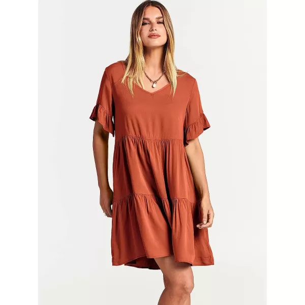imageANRABESS Womens Summer Casual V Neck Babydoll Dress Ruffle Short Sleeve Tiered ALine Flowy Mini Beach DressRust