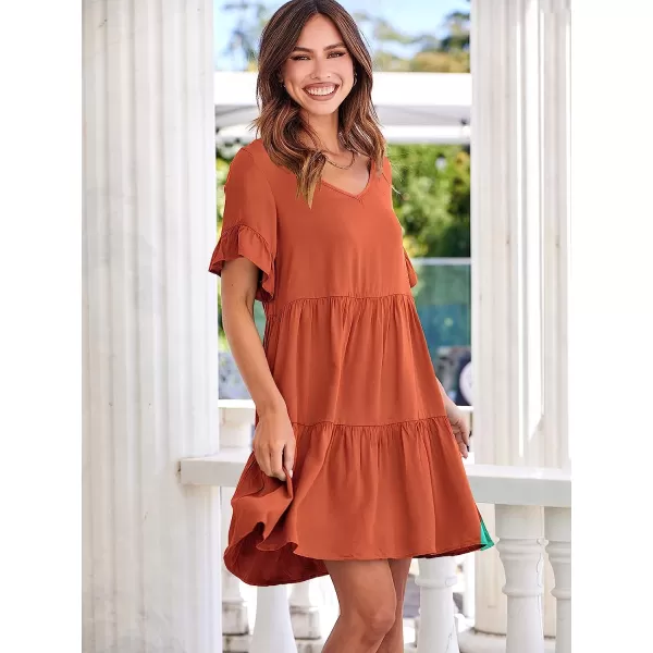 imageANRABESS Womens Summer Casual V Neck Babydoll Dress Ruffle Short Sleeve Tiered ALine Flowy Mini Beach DressRust