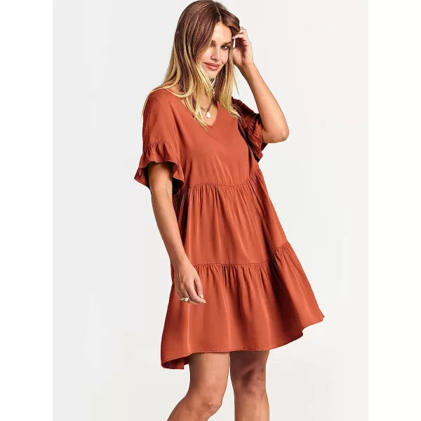 imageANRABESS Womens Summer Casual V Neck Babydoll Dress Ruffle Short Sleeve Tiered ALine Flowy Mini Beach DressRust