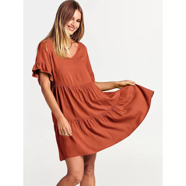 imageANRABESS Womens Summer Casual V Neck Babydoll Dress Ruffle Short Sleeve Tiered ALine Flowy Mini Beach DressRust