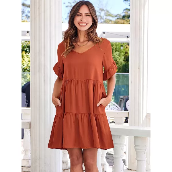 imageANRABESS Womens Summer Casual V Neck Babydoll Dress Ruffle Short Sleeve Tiered ALine Flowy Mini Beach DressRust