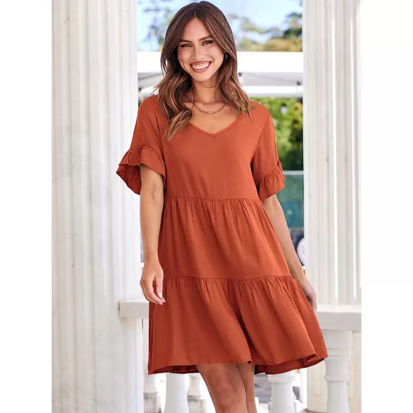 imageANRABESS Womens Summer Casual V Neck Babydoll Dress Ruffle Short Sleeve Tiered ALine Flowy Mini Beach DressRust