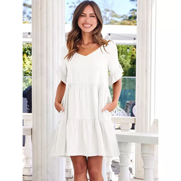 imageANRABESS Womens Summer Casual V Neck Babydoll Dress Ruffle Short Sleeve Tiered ALine Flowy Mini Beach DressWhite