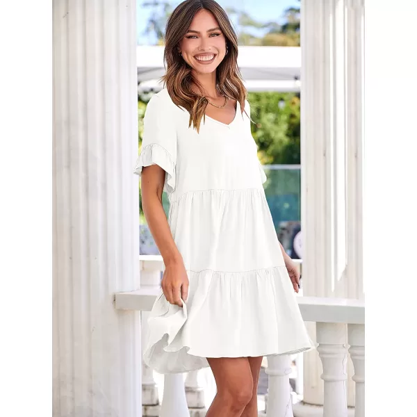 imageANRABESS Womens Summer Casual V Neck Babydoll Dress Ruffle Short Sleeve Tiered ALine Flowy Mini Beach DressWhite