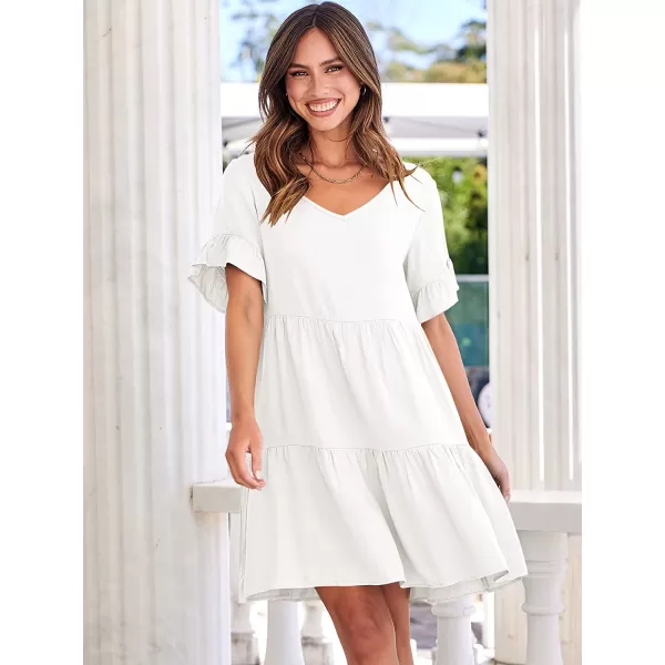 imageANRABESS Womens Summer Casual V Neck Babydoll Dress Ruffle Short Sleeve Tiered ALine Flowy Mini Beach DressWhite