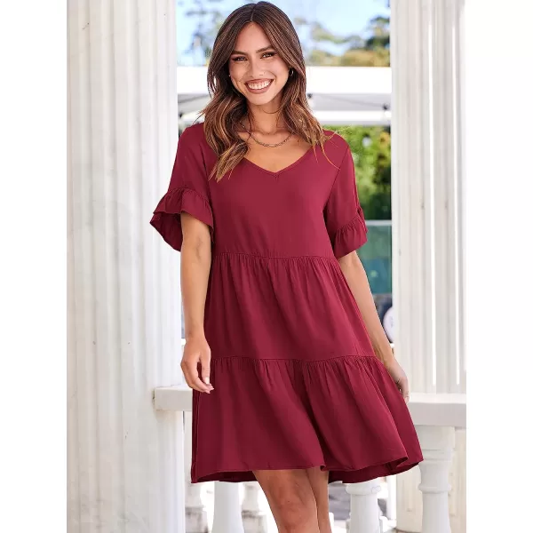 imageANRABESS Womens Summer Casual V Neck Babydoll Dress Ruffle Short Sleeve Tiered ALine Flowy Mini Beach DressWine Red