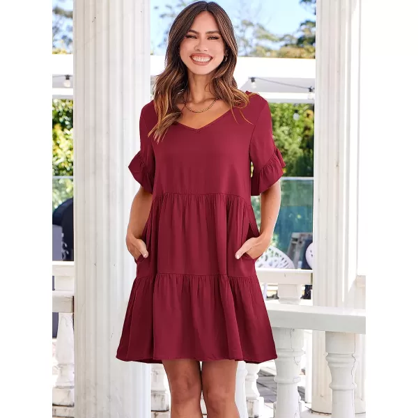 imageANRABESS Womens Summer Casual V Neck Babydoll Dress Ruffle Short Sleeve Tiered ALine Flowy Mini Beach DressWine Red