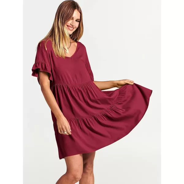 imageANRABESS Womens Summer Casual V Neck Babydoll Dress Ruffle Short Sleeve Tiered ALine Flowy Mini Beach DressWine Red