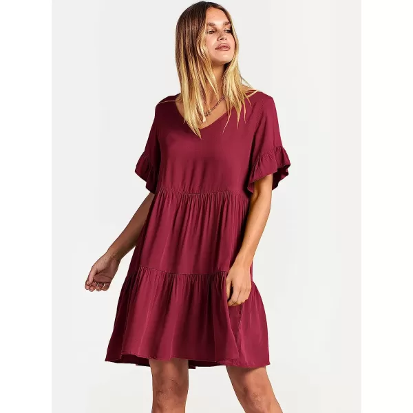 imageANRABESS Womens Summer Casual V Neck Babydoll Dress Ruffle Short Sleeve Tiered ALine Flowy Mini Beach DressWine Red