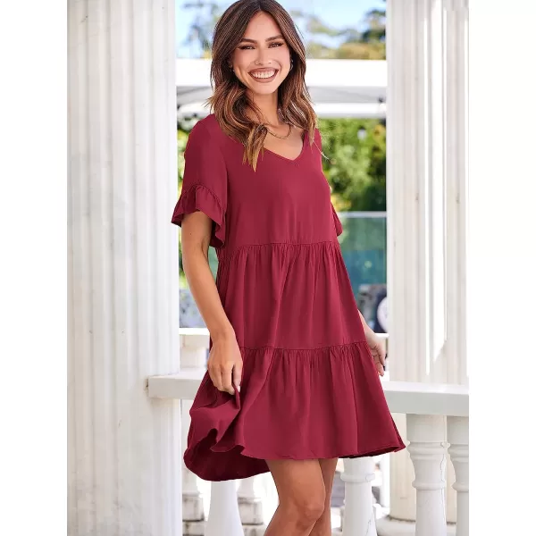 imageANRABESS Womens Summer Casual V Neck Babydoll Dress Ruffle Short Sleeve Tiered ALine Flowy Mini Beach DressWine Red