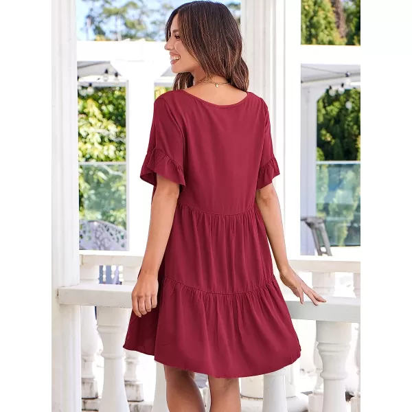 imageANRABESS Womens Summer Casual V Neck Babydoll Dress Ruffle Short Sleeve Tiered ALine Flowy Mini Beach DressWine Red