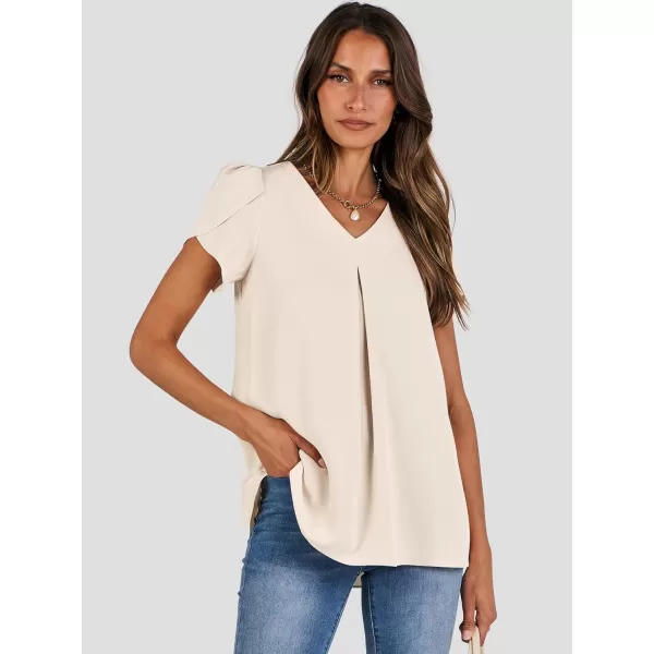 imageANRABESS Womens Summer Casual V Neck Short Sleeve Shirts Cute Dressy Chiffon Tunic Tops BlouseBeige