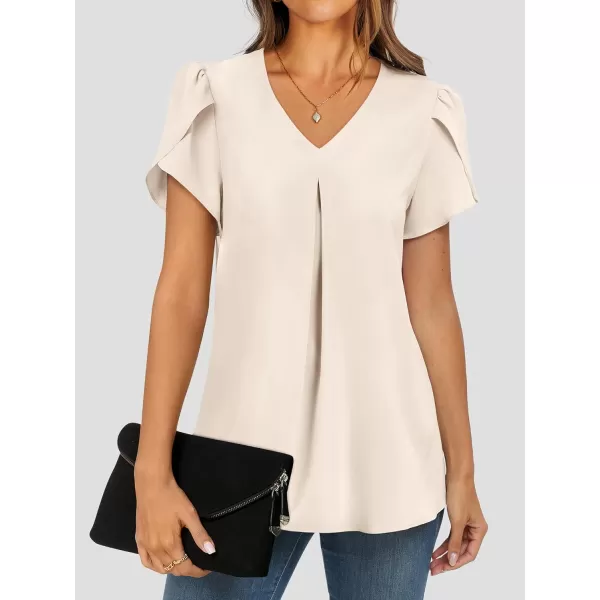 imageANRABESS Womens Summer Casual V Neck Short Sleeve Shirts Cute Dressy Chiffon Tunic Tops BlouseBeige