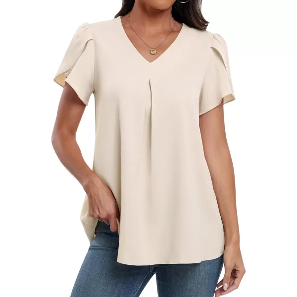 imageANRABESS Womens Summer Casual V Neck Short Sleeve Shirts Cute Dressy Chiffon Tunic Tops BlouseBeige