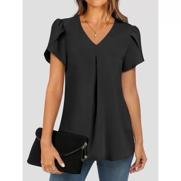 imageANRABESS Womens Summer Casual V Neck Short Sleeve Shirts Cute Dressy Chiffon Tunic Tops BlouseBlack