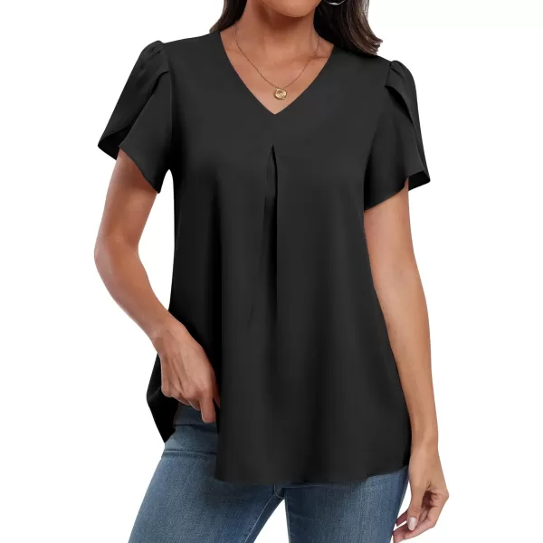 imageANRABESS Womens Summer Casual V Neck Short Sleeve Shirts Cute Dressy Chiffon Tunic Tops BlouseBlack