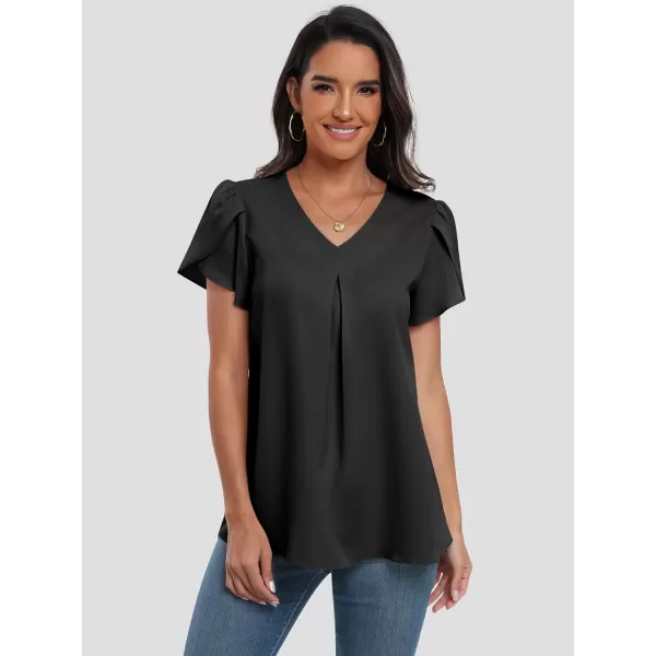 imageANRABESS Womens Summer Casual V Neck Short Sleeve Shirts Cute Dressy Chiffon Tunic Tops BlouseBlack