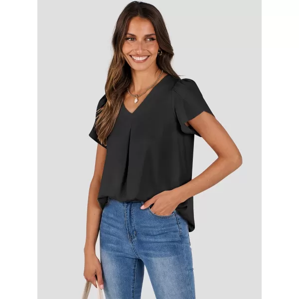 imageANRABESS Womens Summer Casual V Neck Short Sleeve Shirts Cute Dressy Chiffon Tunic Tops BlouseBlack
