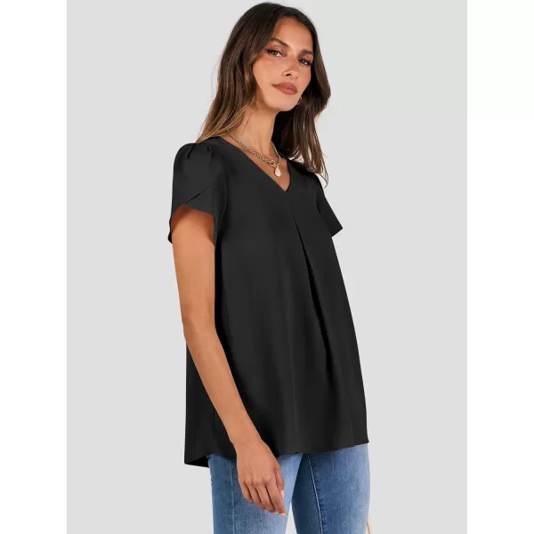 imageANRABESS Womens Summer Casual V Neck Short Sleeve Shirts Cute Dressy Chiffon Tunic Tops BlouseBlack