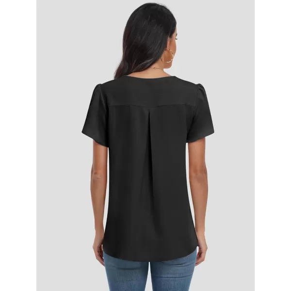 imageANRABESS Womens Summer Casual V Neck Short Sleeve Shirts Cute Dressy Chiffon Tunic Tops BlouseBlack